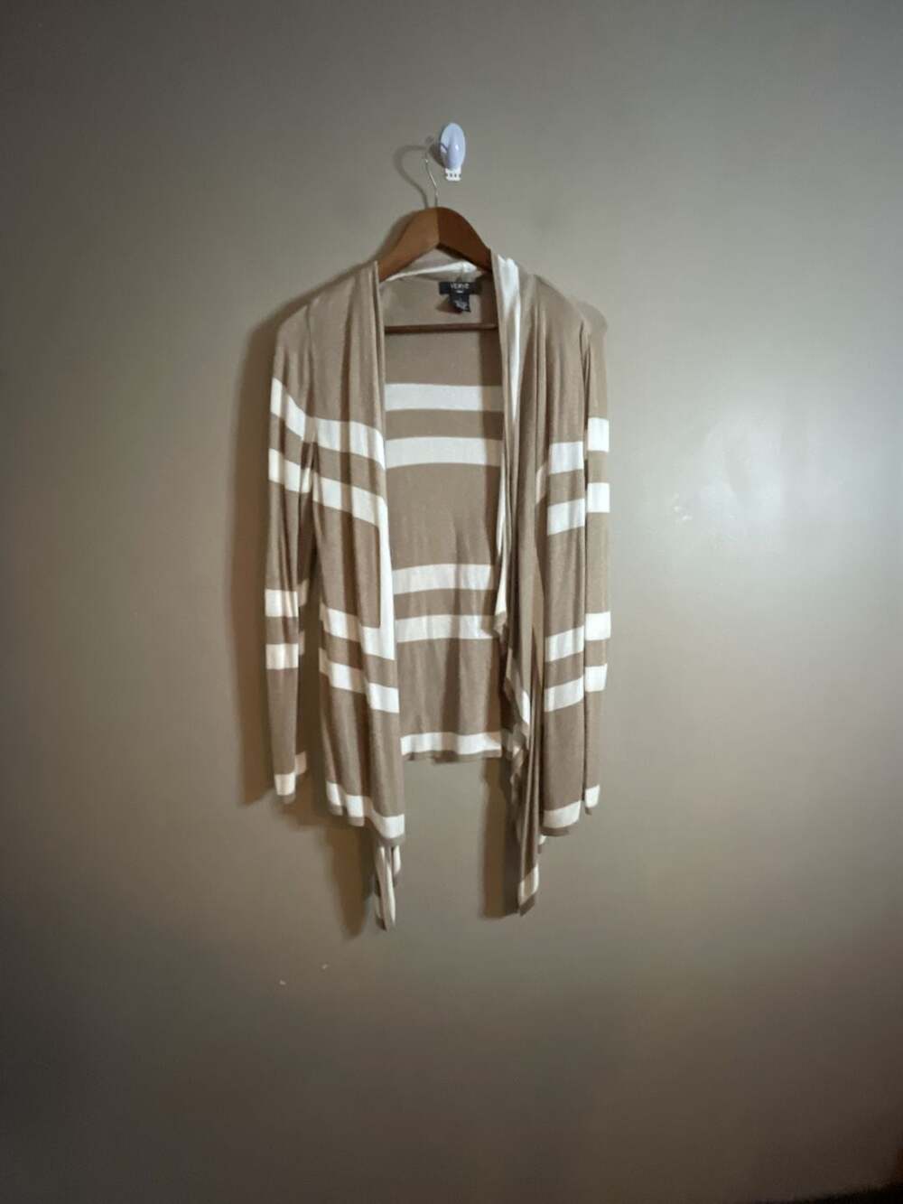 Verve Ami Women's Beige and White Striped Open-Front Knit Cardigan